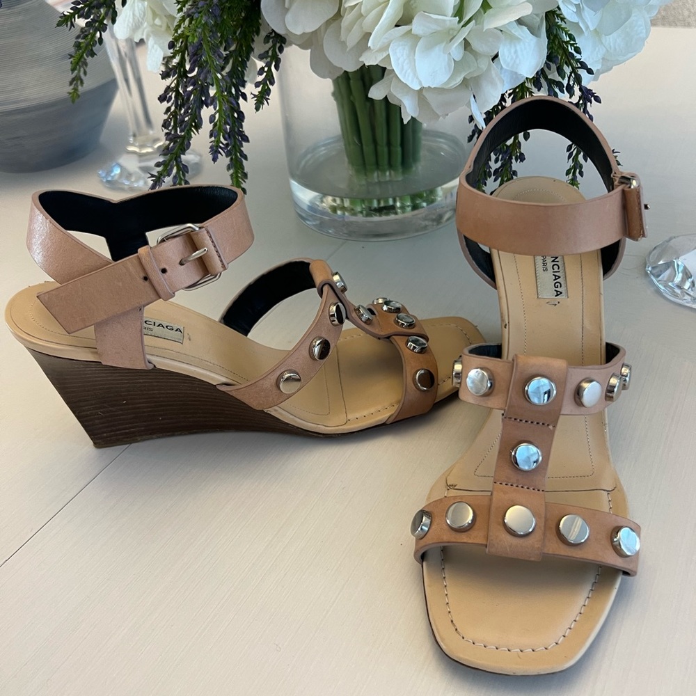 Balenciaga Nude Pink Studded Wedges, 39.5 US 9.5